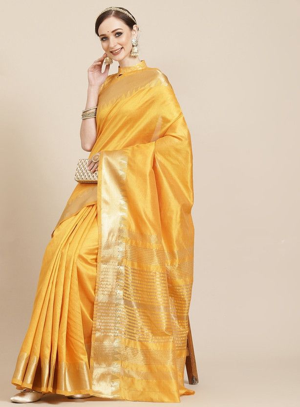 Temple Border Banarasi Cotton Silk Saree  (Yellow)