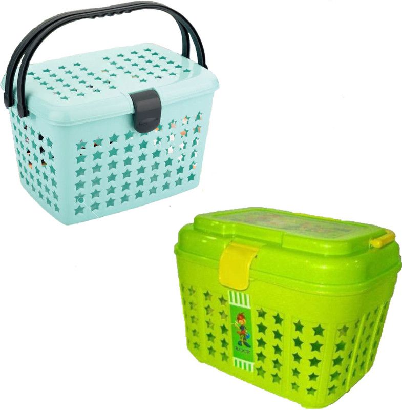 Mannat Plastic Small Storage Basket with Solid Handle for Puja,clothes,Toys,Office(Grey,Green) Storage Basket  (Pack of 2)