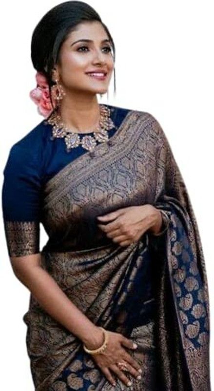 Woven Banarasi Silk Blend Saree  (Blue, Gold)