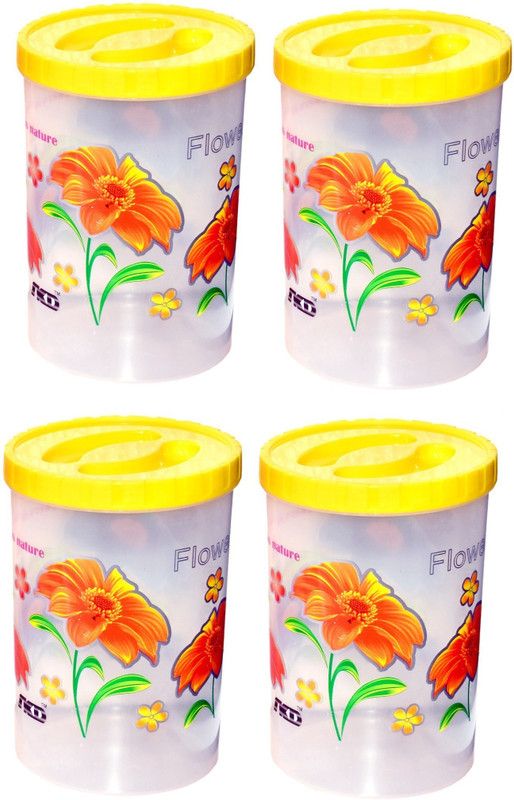 Homix Round Printed Storage Container Set of 4 Pcs X 2 Litres (Yellow)(Set of 4) - 2 L Plastic Tea Coffee & Sugar Container  (Pack of 4, Yellow)
