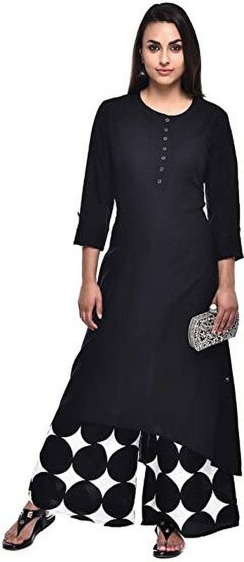 Girls Abstract Art Silk A-line Kurta  (Black)