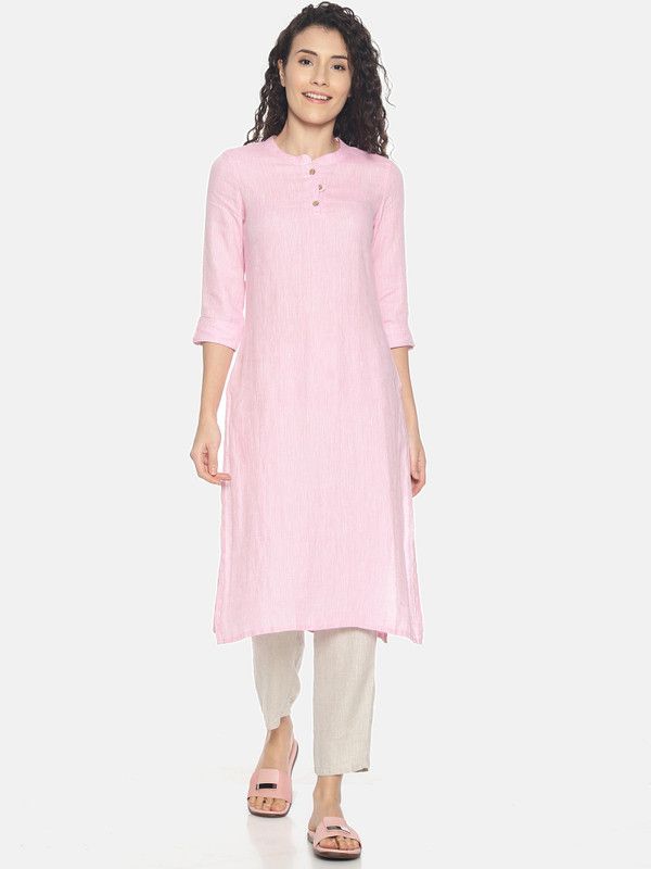 Women Solid Hemp Straight Kurta  (Pink)