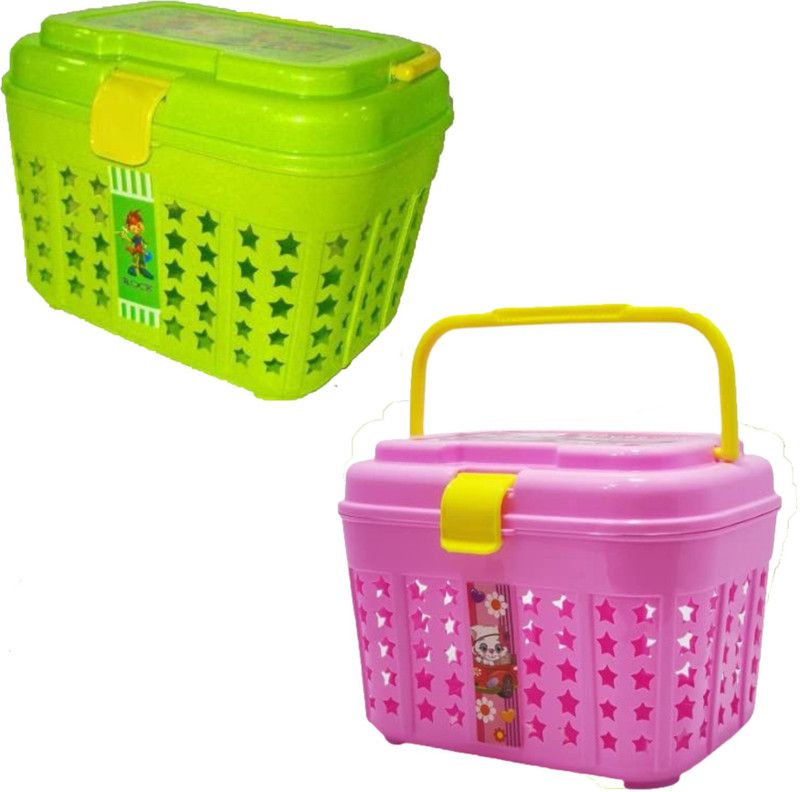 Mannat Plastic Storage Basket with Solid Handle for Puja,clothes,Toys,Office(Green,Pink-yellow) Storage Basket  (Pack of 2)