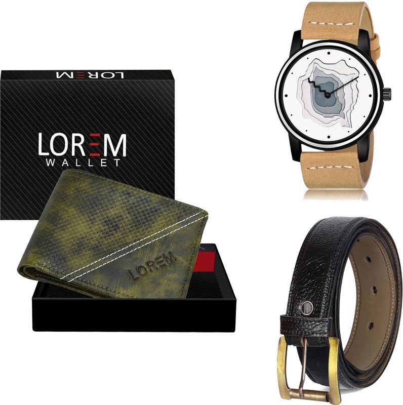 LOREM Belt, Wallet & Watch Combo  (Green, Black, Beige)