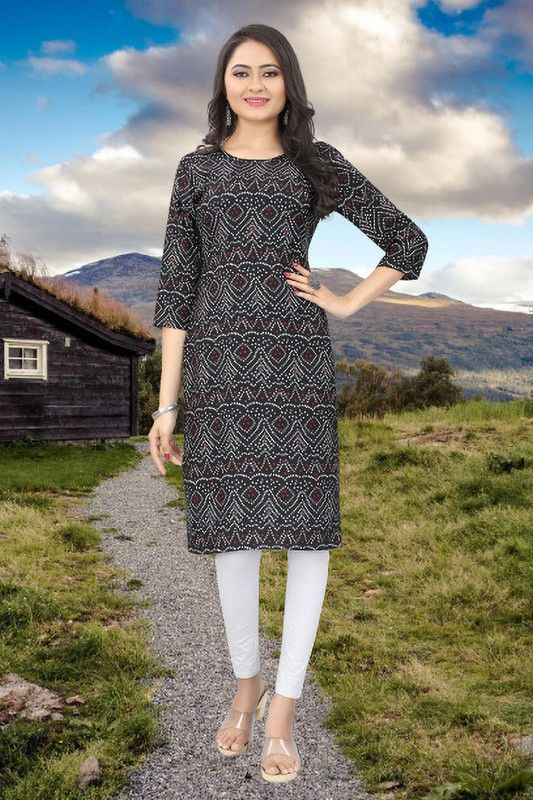 Women Printed Crepe Straight Kurta  (Black, Brown, White)