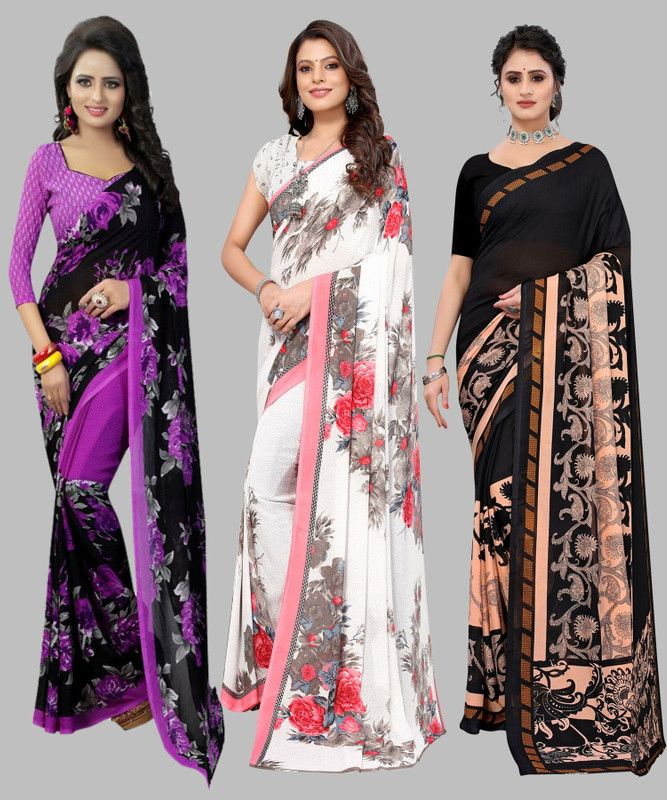 Printed Daily Wear Georgette Saree  (Pack of 3, Purple, White, Black)
