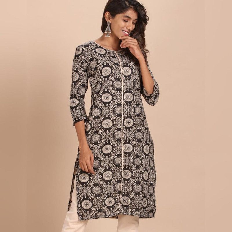 Women Printed Cambric Straight Kurti  (Brown)