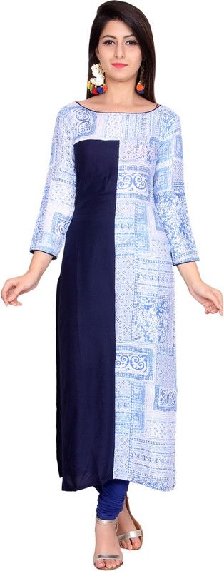 Women Printed Cotton Rayon Blend Straight Kurti  (Blue)
