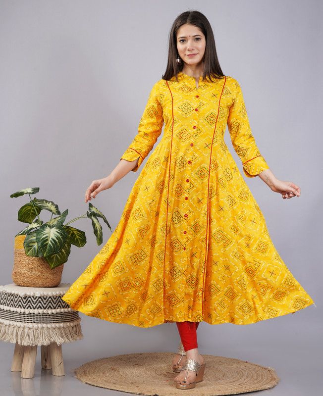 Women Printed Viscose Rayon Flared Kurta  (Yellow, White)