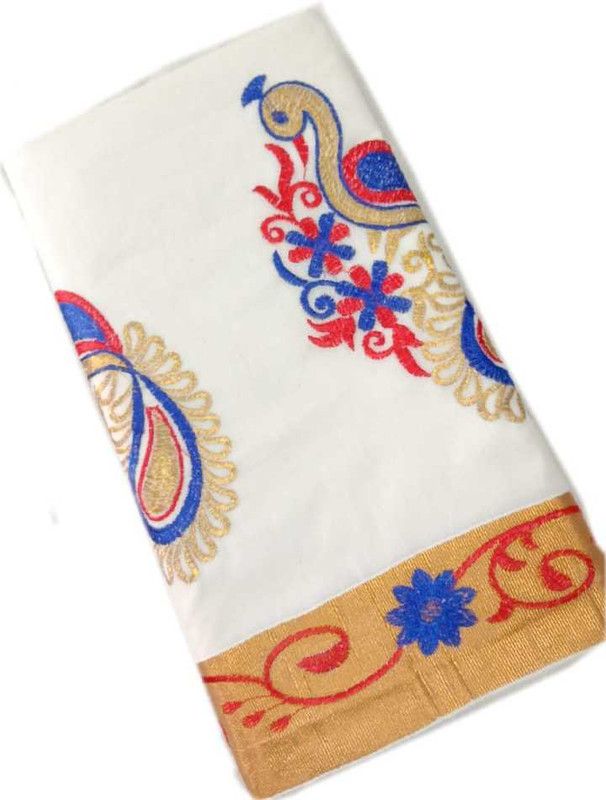 Embroidered Kasavu Cotton Blend Saree  (Red, Blue)