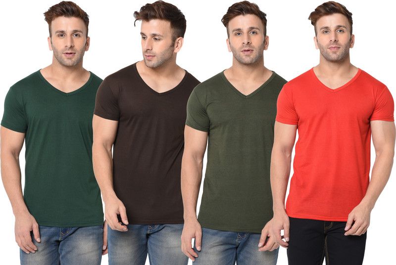 Pack of 4 Men Self Design, Solid V Neck Cotton Blend Red, Green, Brown T-Shirt