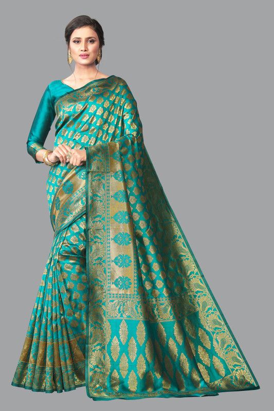 Printed Banarasi Art Silk Saree  (Green, Gold)