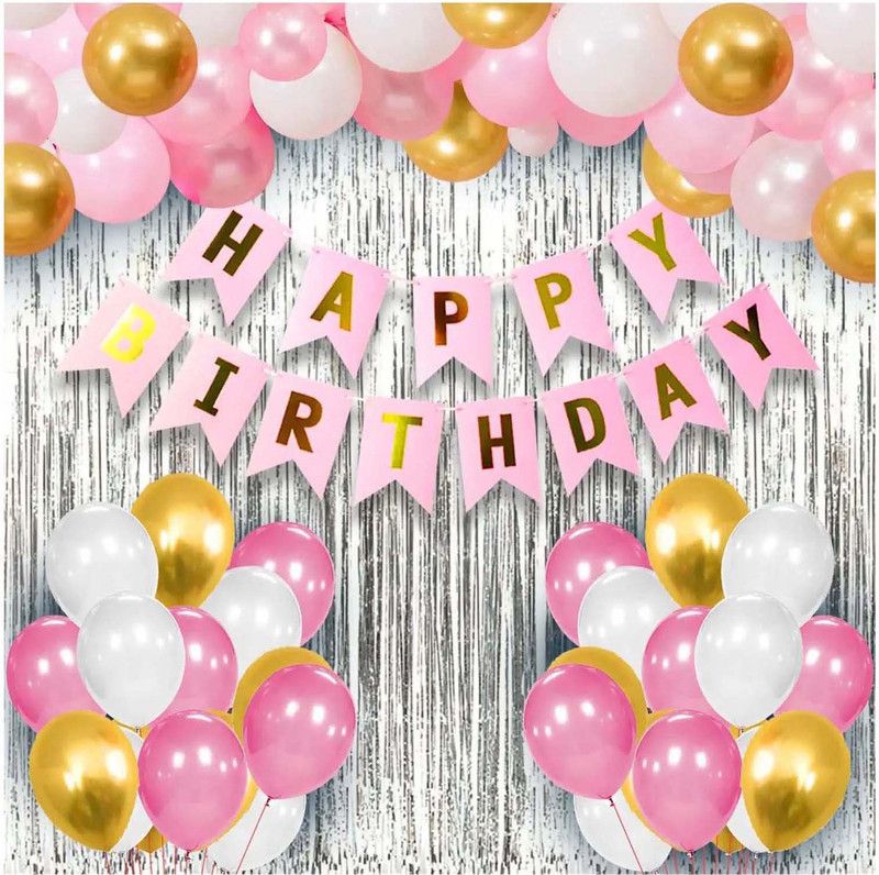 TTimmo4 Pink White and Golden Birthday Theme for Girls Boys Girlfriend Wife Husband  (Set of 58)