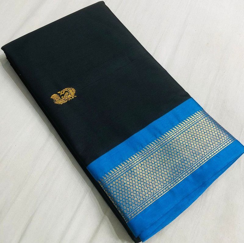Dyed Paithani Cotton Silk Saree  (Black, Blue)