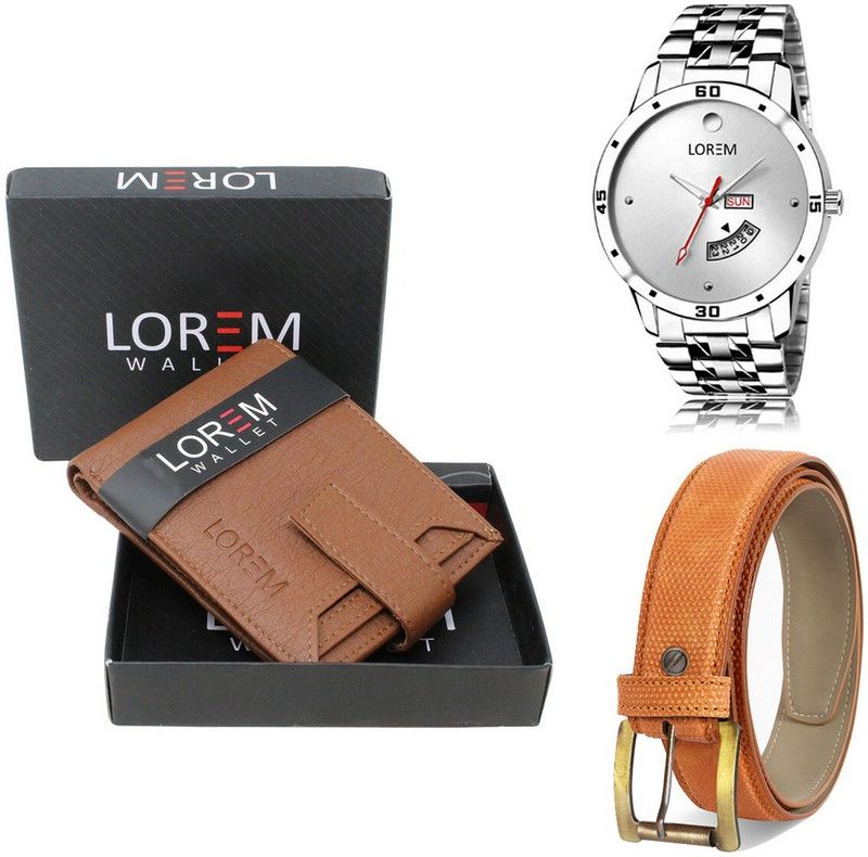 LOREM Belt, Wallet & Watch Combo  (Tan, Orange, Silver)