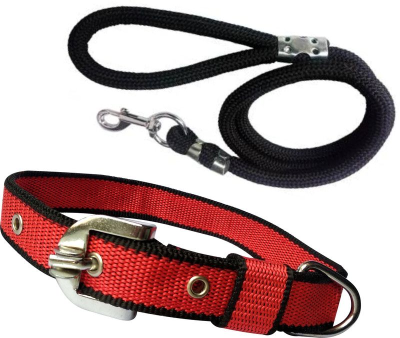 PEDIGONE Good Quality Dog Belt Combo of Nylon Black Red Collar with Black Lead 1.5m Lengthy Dog Collar & Leash  (Medium, Multi-Color)