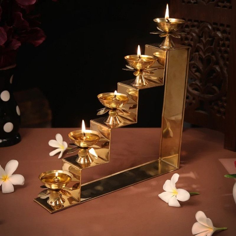 GODS CHOICE Brass 5 Step Nandha Lotus Diya For Pooja/Padi Pooja Brass (Pack of 2) Table Diya  (Height: 10 inch)
