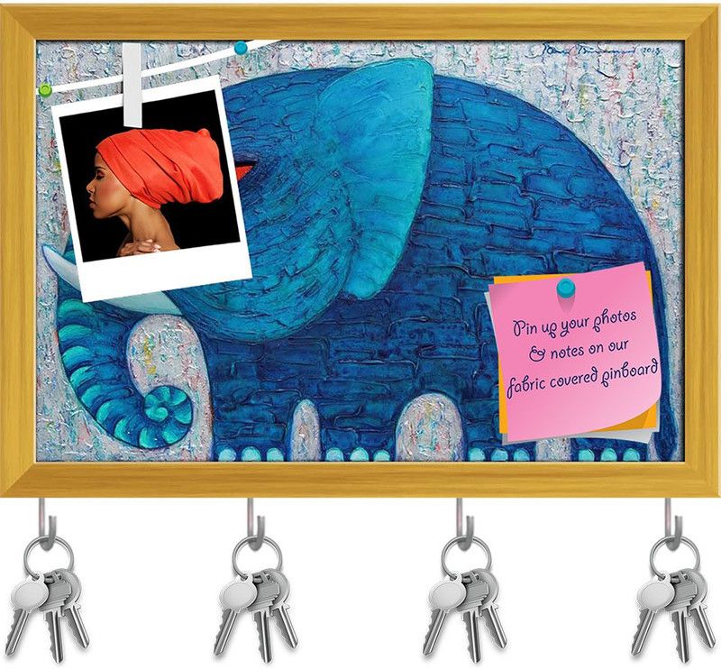 Artzfolio Blue Elephant Pin Board with Key Holder Hooks Golden Frame 11.8x8inch (30x20cms) Cork Bulletin Board  (Multicolor 11.8 x 8 inch (30 x 20 cms))