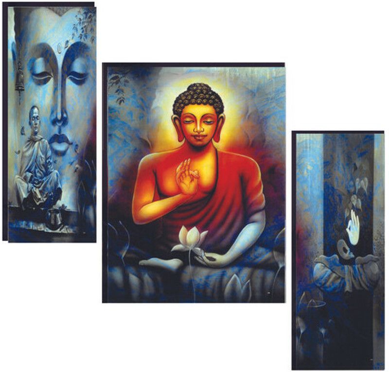 WALLSTOXX Set Of 3 Buddha Self Adhesive 12 Inch X 18 Inch MDF Wall Art Painting Digital Reprint 18 inch x 12 inch Painting  (Without Frame, Pack of 3)