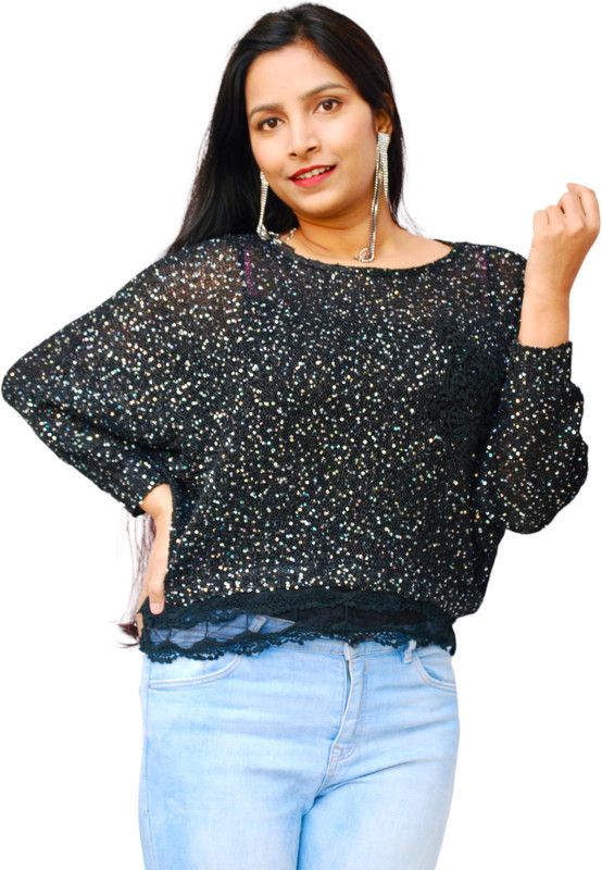 Party Kimono Sleeves Embellished Women Black Top