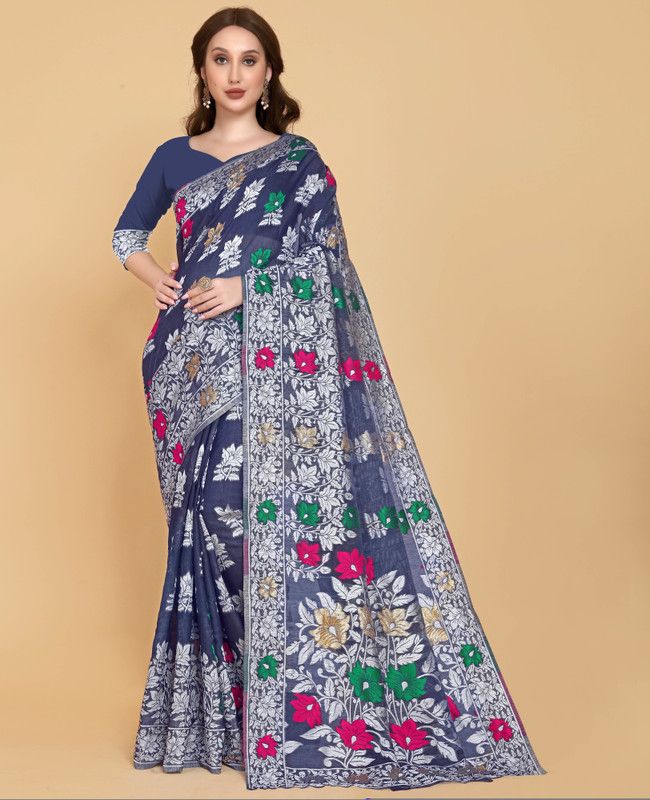 Geometric Print Jamdani Pure Cotton Saree  (Blue)