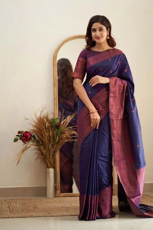 Geometric Print Dharmavaram Art Silk Saree  (Dark Blue)