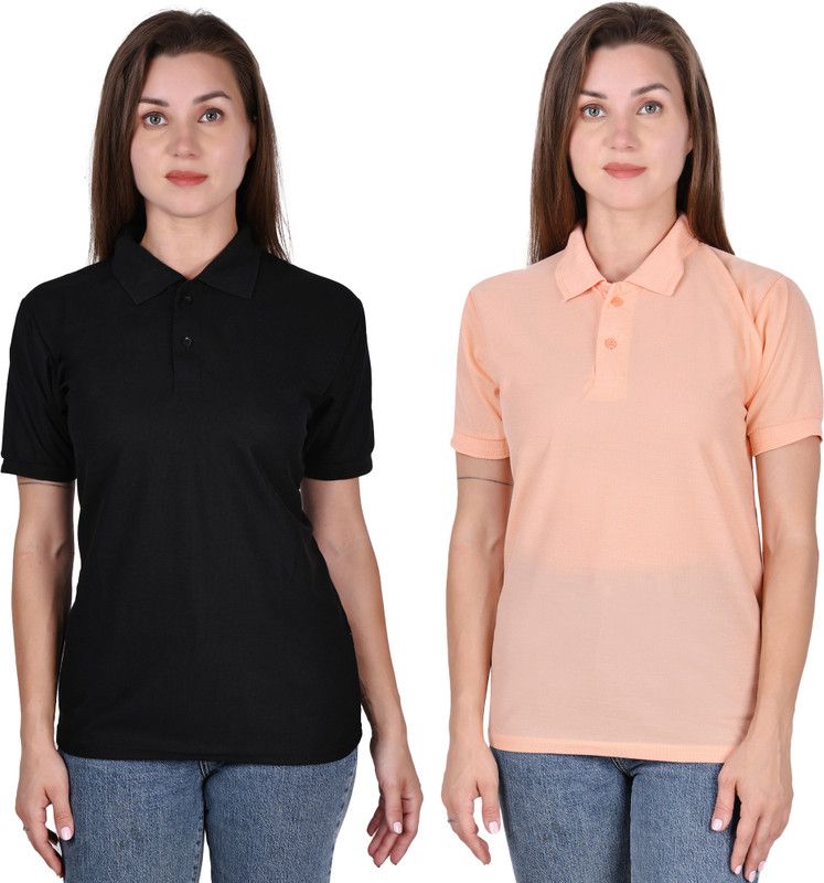 Pack of 2 Women Solid Polo Neck Poly Cotton Black, Pink T-Shirt