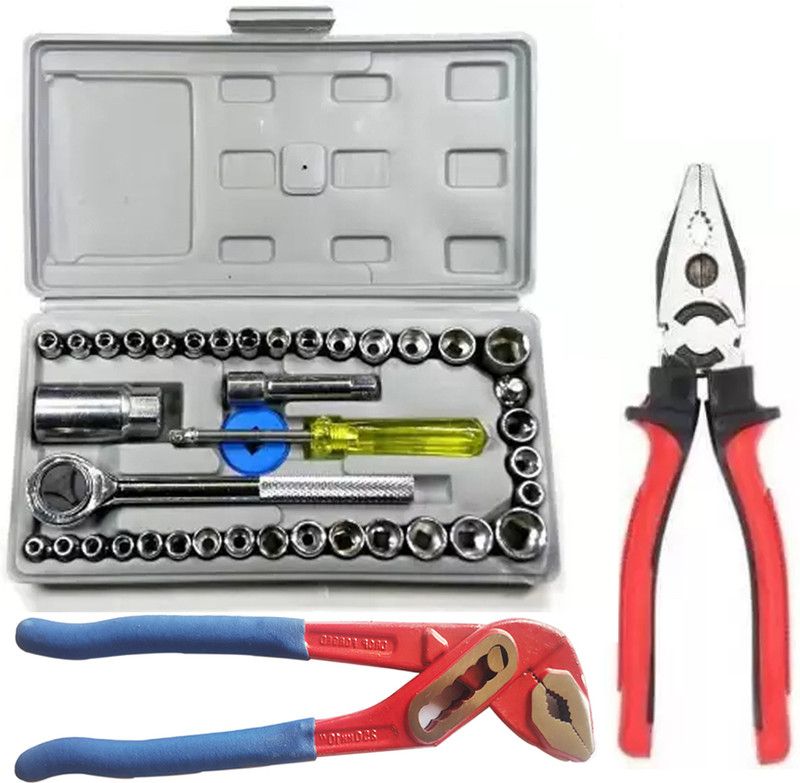 Shri Diamond Stainless Steel 40 Pc Multipurpose Socket Set With Lineman Plier & Pipe Wrench Socket Set  (Pack of 1)