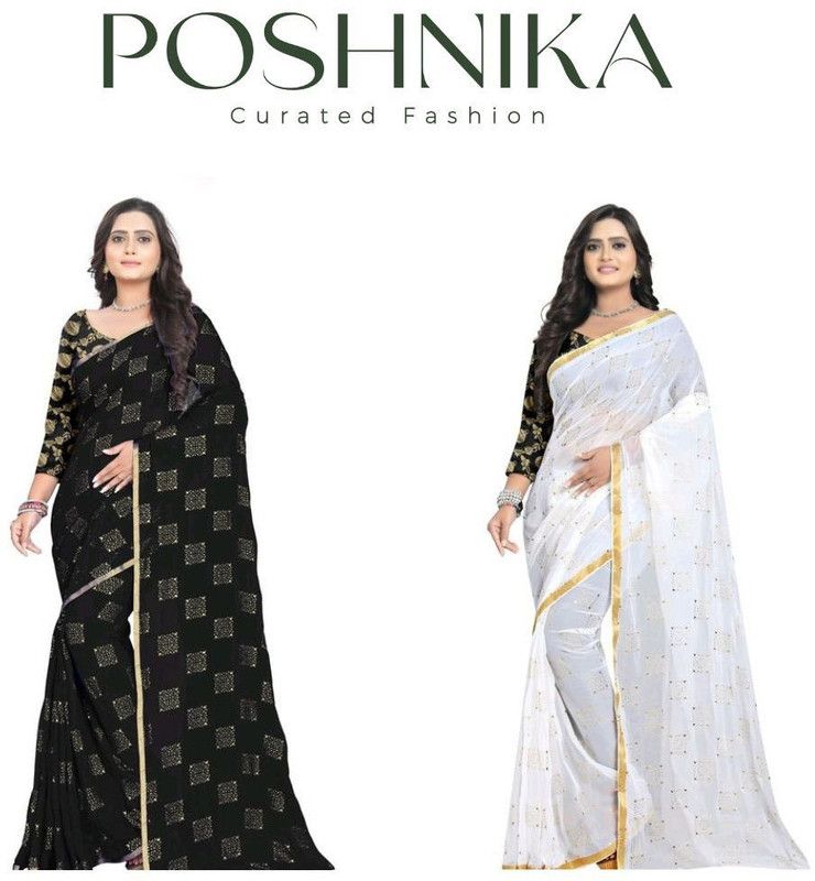 Printed Bollywood Chiffon Saree  (Pack of 2, White, Black)