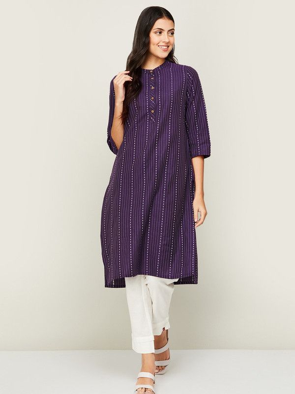 Women Printed Pure Cotton Straight Kurta  (Purple)