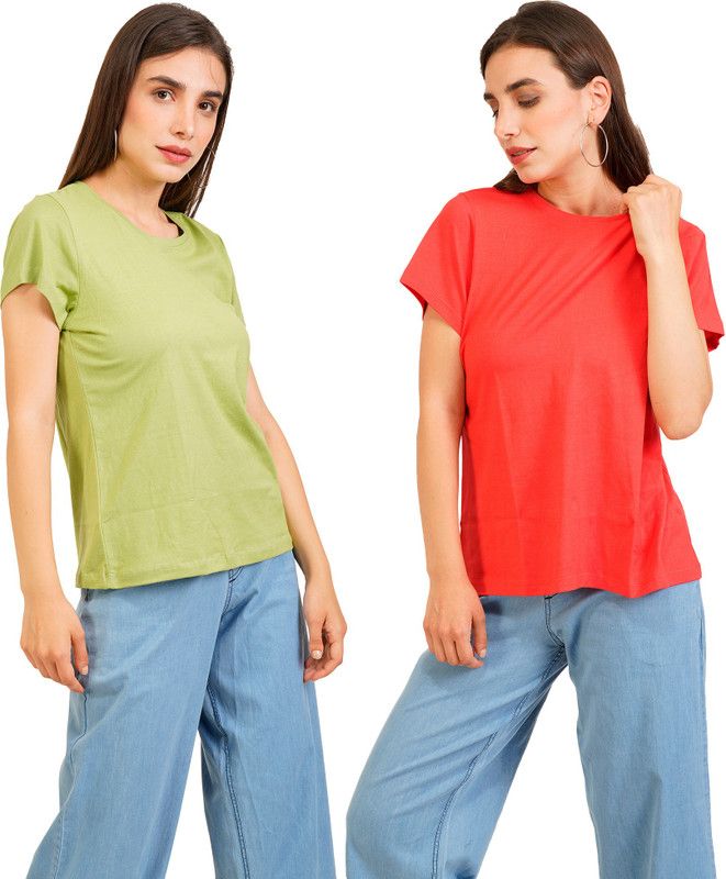 Pack of 2 Women Solid Round Neck Pure Cotton Red, Green T-Shirt