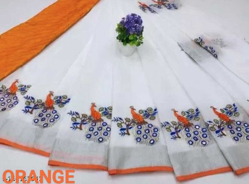 Embroidered Banarasi Cotton Linen Saree  (Orange)