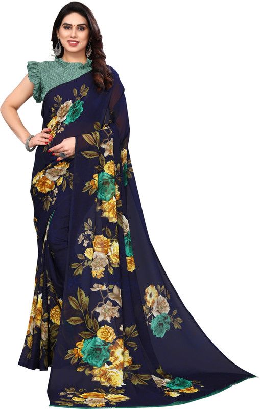 Printed Banarasi Georgette Saree  (Dark Blue)
