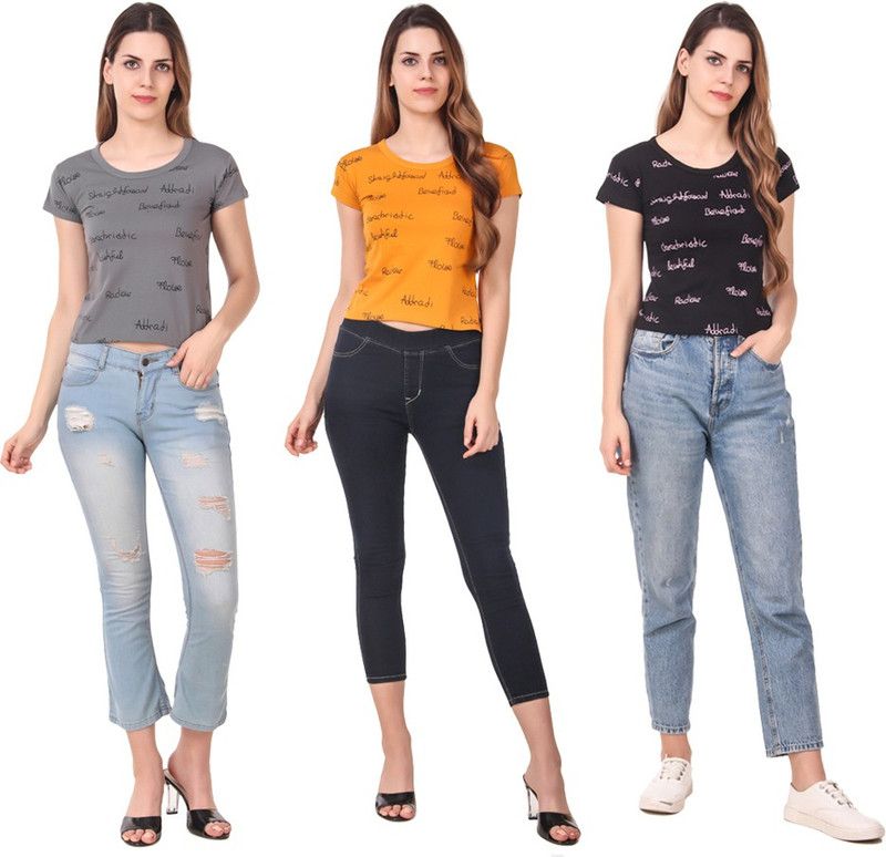Pack of 3 Women Typography Round Neck Cotton Blend Black, Grey, Yellow T-Shirt