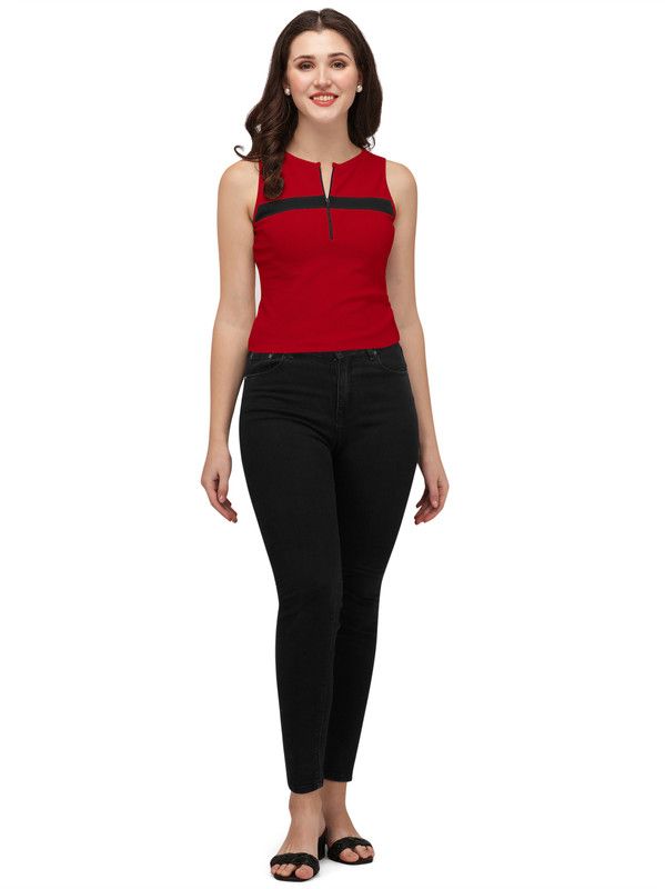 Casual Sleeveless Color Block Women Red Top