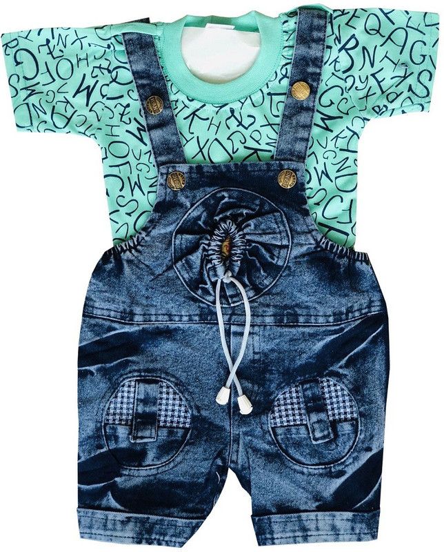 Dungaree For Baby Boys & Baby Girls Party Printed Denim  (Green, Pack of 1)
