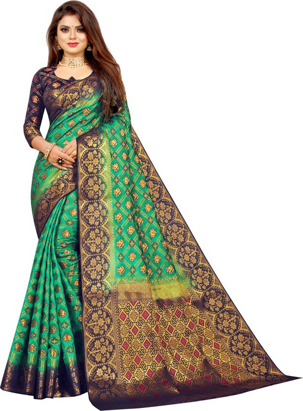 Woven Banarasi Jacquard, Cotton Silk Saree  (Silver, Dark Green, Gold, Black)