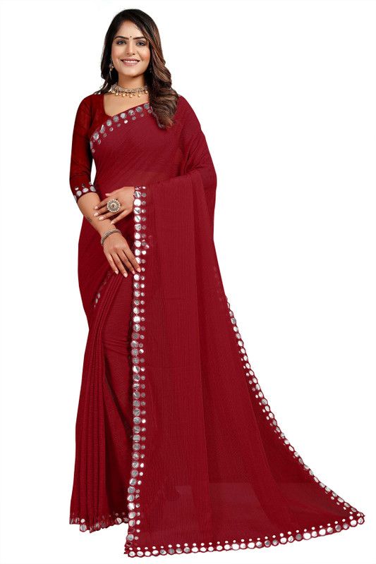 Self Design, Embroidered Daily Wear Chiffon Saree  (Maroon)