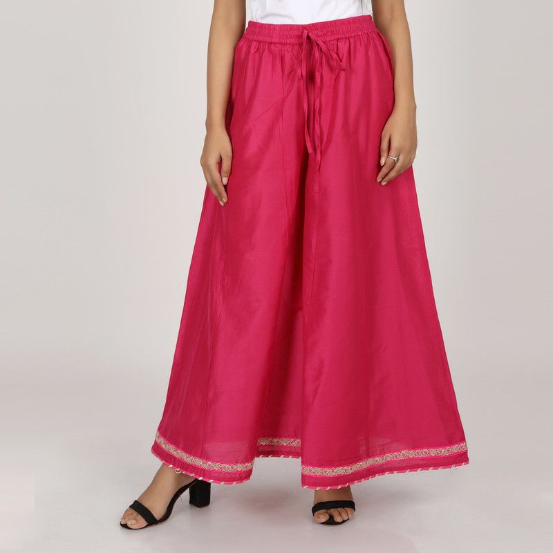 Women Regular Fit Pink Silk Blend Trousers