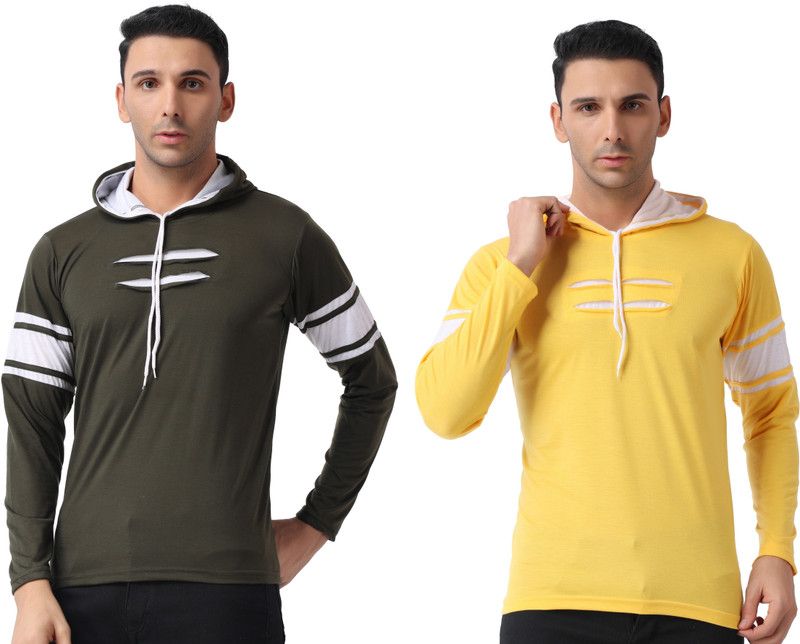 Pack of 2 Men Solid Hooded Neck Poly Cotton Green, Yellow T-Shirt