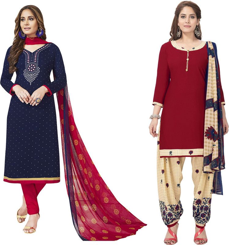 Unstitched Crepe Salwar Suit Material Polka Print, Checkered