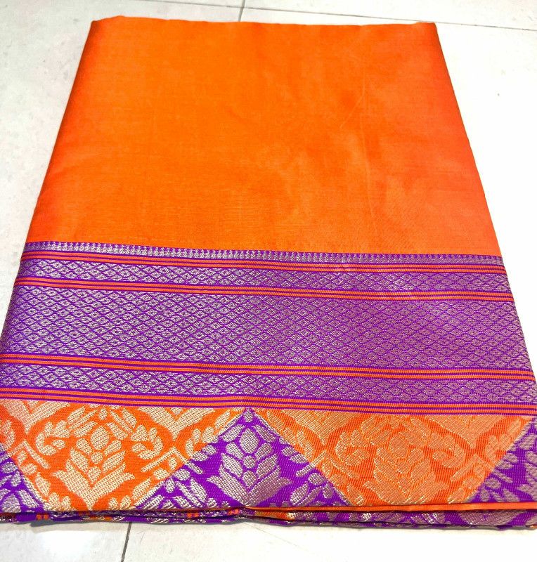Self Design, Woven, Self Design, Solid Banarasi Cotton Silk Saree  (Orange)