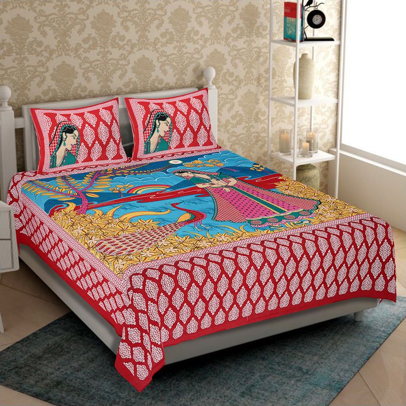 Jafox 144 TC Cotton Double Jaipuri Prints Flat Bedsheet  (Pack of 1, Multicolor)