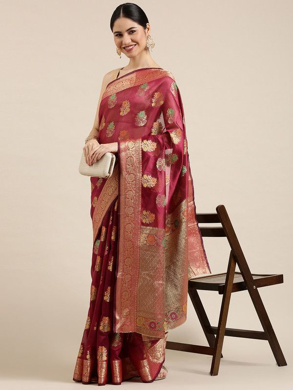 Woven Kanjivaram Organza Saree  (Purple)