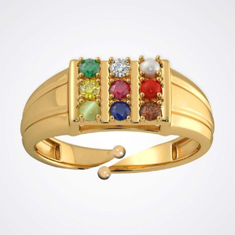 Natural Certified Navratna Stone Nine Planets Adjustable Ring Metal Garnet, Coral, Cat's Eye, Pearl, Zircon, Sapphire Ring