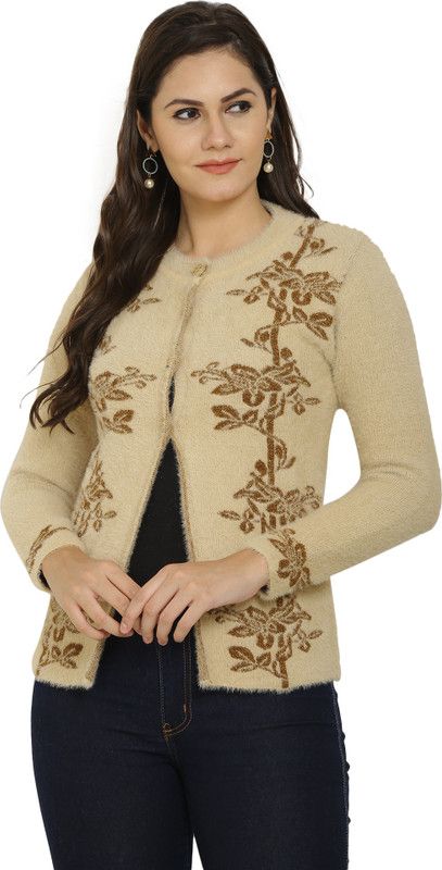 Women Floral Print Round Neck Beige Sweater