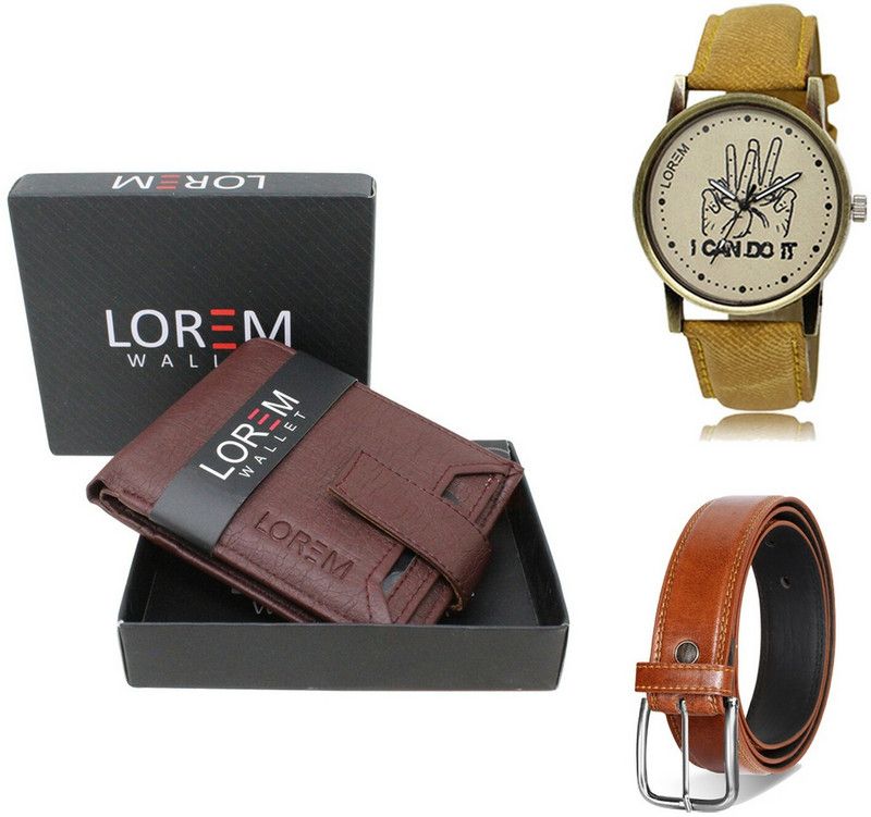 LOREM Belt, Wallet & Watch Combo  (Maroon, Tan, Yellow)