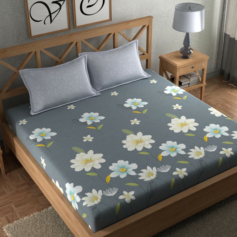 CHHAVI INDIA 210 TC Microfiber King Printed Flat Bedsheet  (Pack of 1, Grey Flower)