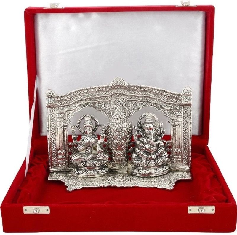 HK Gauri Singari Silver brass Laxmi Ganesh God idol statue oxidized finish with velvet box Decorative Showpiece - 14 cm  (Brass, Silver)