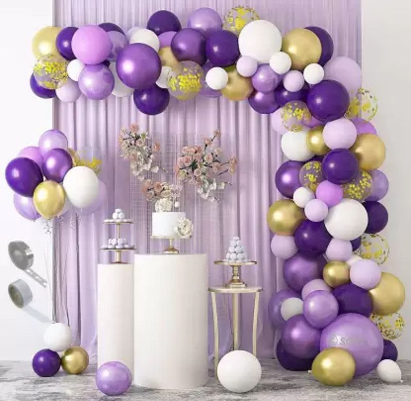 Occasion Makers Solid Purple Gold White Balloon Garland Kit Decoration forWedding Birthday Baby Shower Balloon  (Purple, Pack of 92)